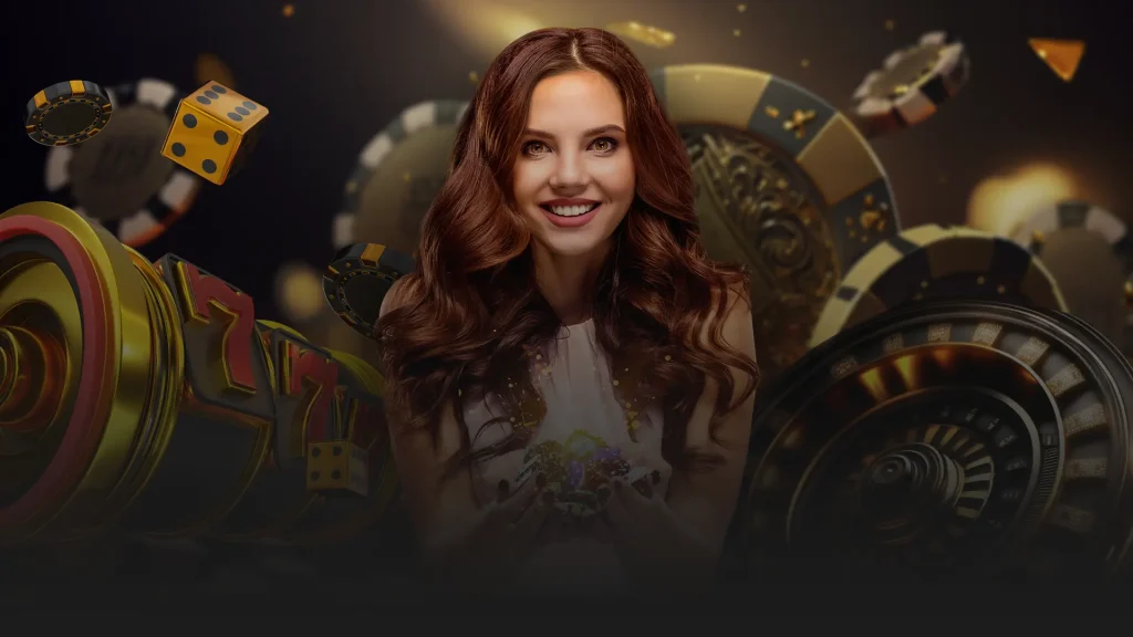 A radiant woman surrounded by casino elements, including rolling dice, poker chips, and a roulette wheel, captures the excitement and variety of the free bonuses offered by Lawinplay.